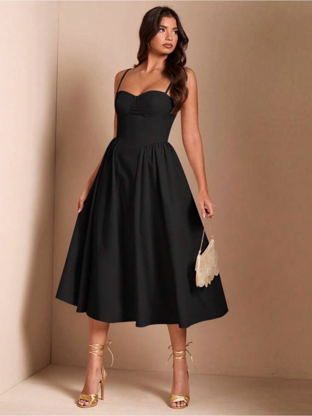 Elegant Women's Black Midi Dress with Sweetheart Bodice